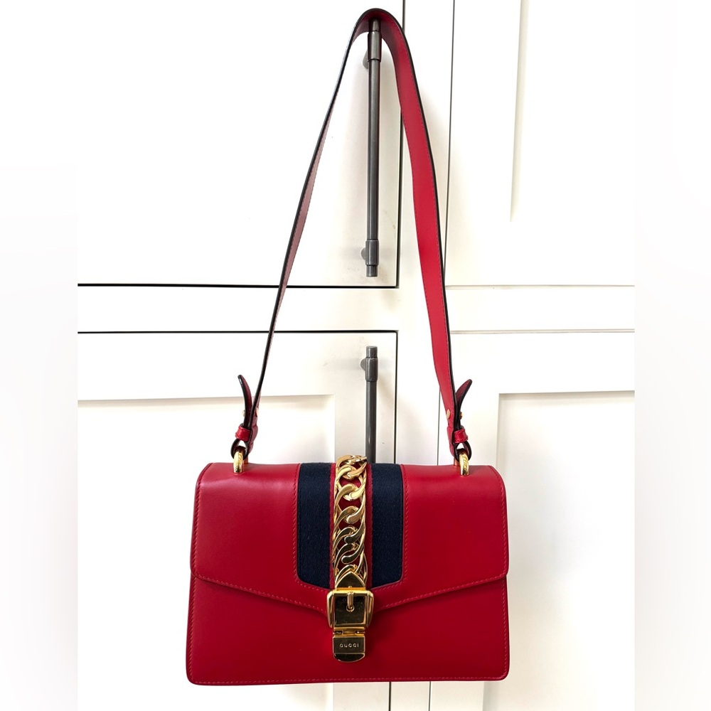 GUCCI Sylvie Red Leather Web Stripe Chain Detail Shoulder Bag w/ Dust Bag